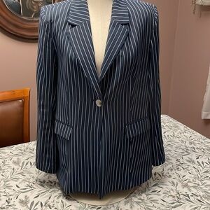 Navy Striped Classic Tailored Elevated Basic Blazer Size XS